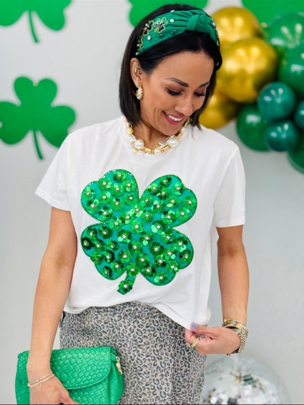 QUEEN OF SPARKLES White Tee with Green Sequin Shamrock